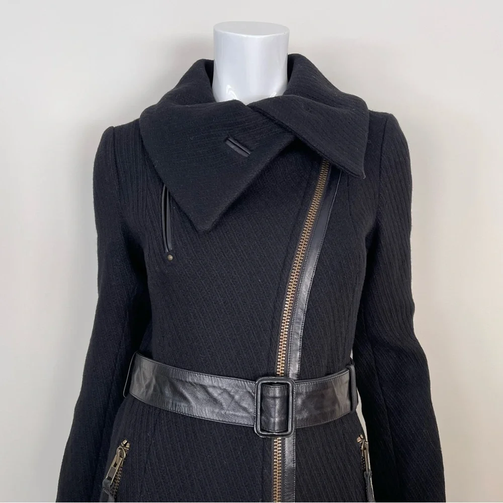 MACKAGE Funnel Neck Asymmetrical Zip Belted Wool Coat in Black - Picture 5 of 12